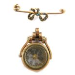 A 9ct rose gold blood stone and compass set swivel fob, together with a turquoise and seed pearl bow