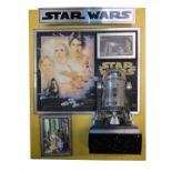 A Star Wars advertising montage, comprising a poster for Star Wars, two images from the film, and