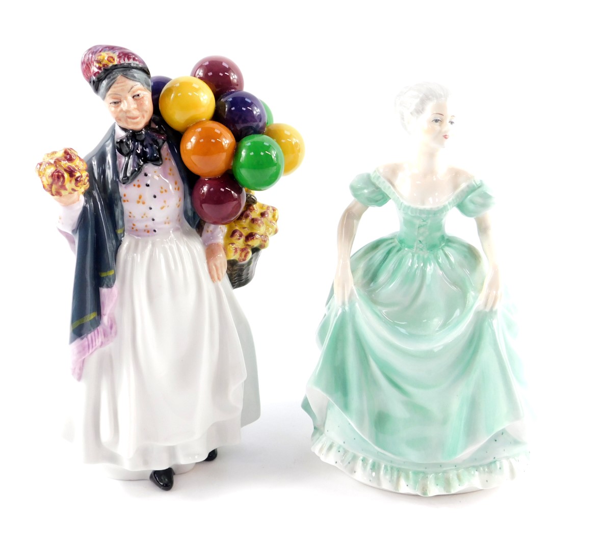 A Royal Doulton figure modelled as Biddy Penny Farthing HN1843, together with a Coalport figure,