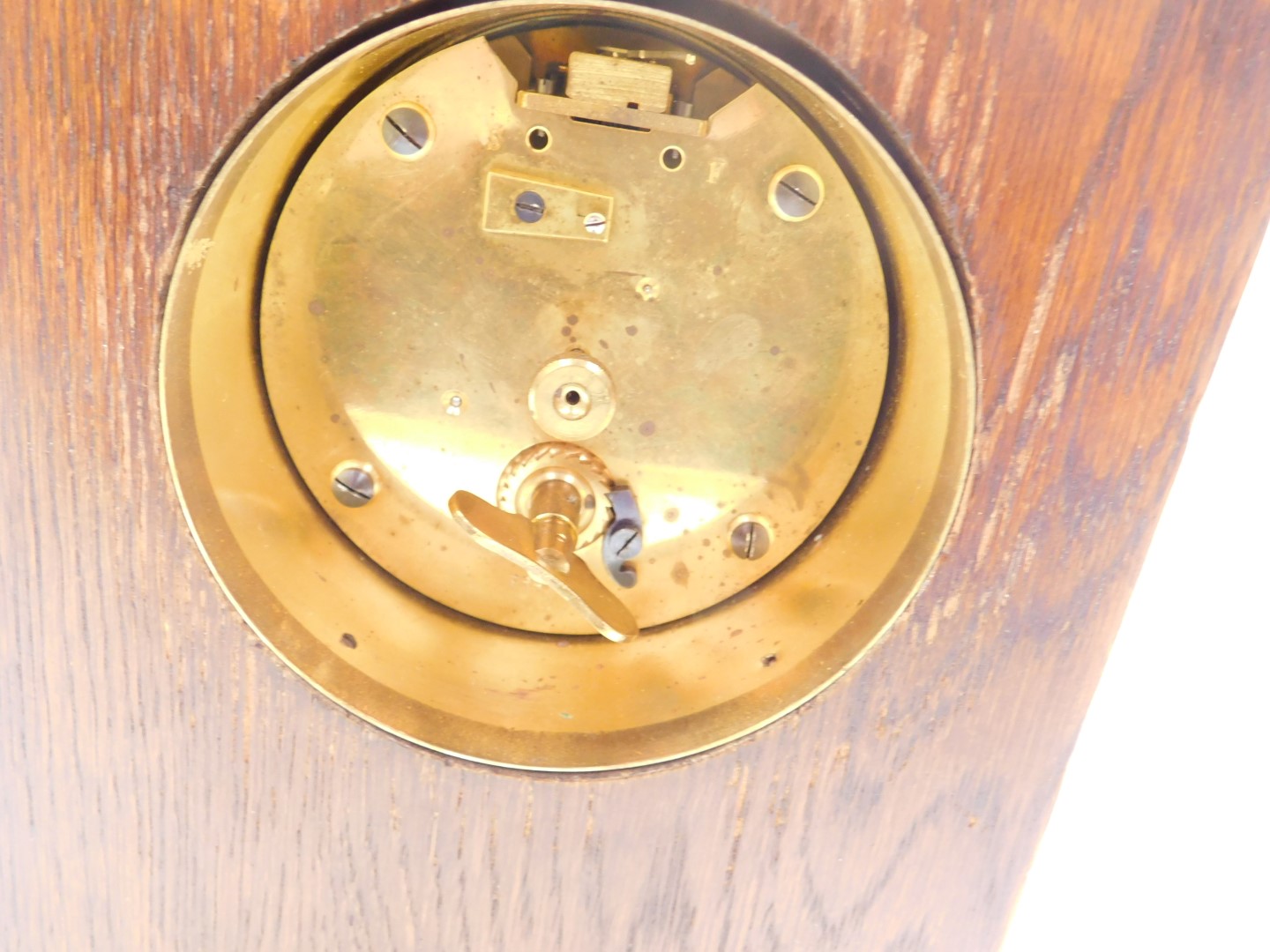 A early 20thC Mappin & Webb oak cased mantel clock, circular brass dial bearing Roman numerals, - Image 4 of 4