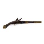 A 19thC Continental flint lock pistol, with a brass bound steel barrel, walnut stock, brass