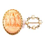 A 9ct gold and seed pearl oval brooch, in a leaf and flower design, 3.5g, together with a 9ct gold