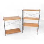 Two Ladderax type teak shelving units, one with two staggered shelves, 80cm H, 72cm W, 46cm D, the