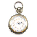 A Victorian lady's silver cased pocket watch, open faced, keyless wind, white enamel dial, with