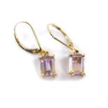 A pair of 9ct gold and ametrine single stone earrings, rectangular cut in a claw setting with loop