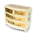 An Oriental gilded and painted lacquered serpentine chest of drawers, with two short over two long