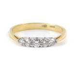 A diamond five stone ring, set in yellow metal stamped 18ct, approx 0.5ct, size T, 3.4g.