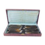 A late 19thC set of twelve Acier Fondu table knives, with horn handles and stainless steel blades,