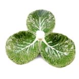 An Olfare majolica hors d'ouevres dish, of three divisional leaf form, P3142, printed and painted