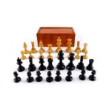 A Staunton type chess set, boxed, Queen 61mm H, King 68mm H.