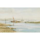 F Ludgate (British, 20thC). Estuary scene with figures and boats, watercolour, signed, 30cm H,