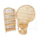 A cane peacock chair, 143cm H, together with a cane bookcase, of domed form, with four open shelves,