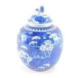 A late 19thC Qing Dynasty porcelain blue and white ginger jar and cover, decorated with prunus