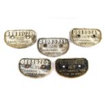 Five Mete-Kammell cast iron railway wagon plates, comprising B12433 16T Mete-Kammell 1954 Lot No