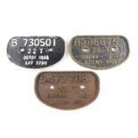 Three Derby cast iron railway wagon plates, comprising B47708 13T Derby 1951 Lot No 2179, B385875