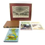 A framed print of Bristol Railway Station, The Steam Cameramen Book, Rail Atlas of Britain 1977, and