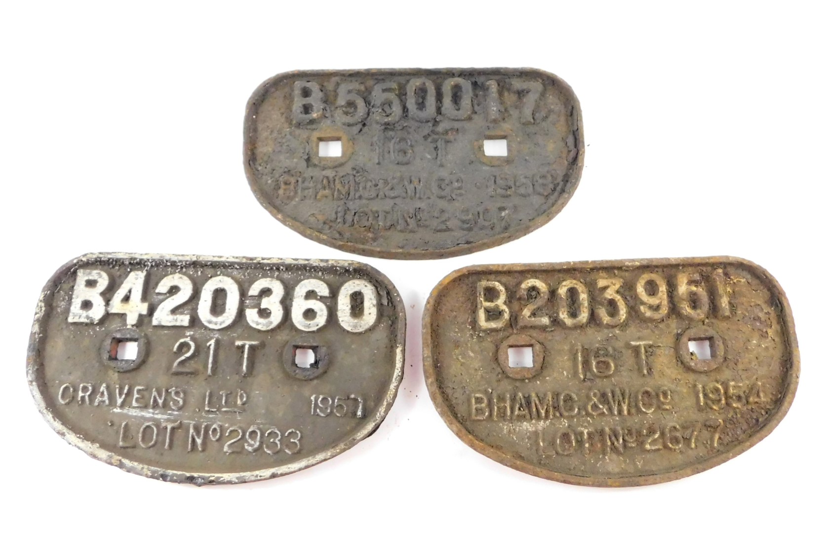 Three cast iron railway wagon plates, comprising B550017 16T B'ham. C. & .W.Co. 1958 Lot No 2907.,