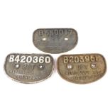 Three cast iron railway wagon plates, comprising B550017 16T B'ham. C. & .W.Co. 1958 Lot No 2907.,