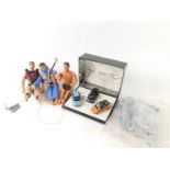 Three Action Man figures, and a Norev Citroen 3 die cast car model set, of 2CV and CV3 Pluriel three