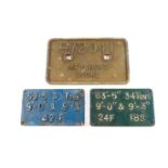 Three cast iron railway carriage plates, comprising 972041 Marcroft Stoke 63-5 3 Tons 63' - 5 " 33