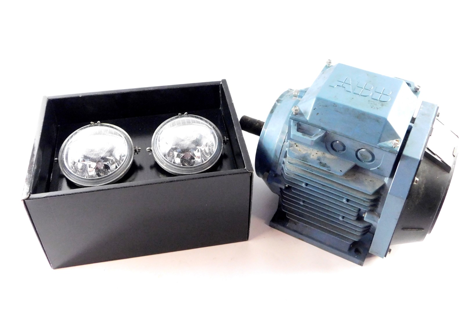 An ABV Motors M2AA 112M electric motor, together with a pair of head lamps. (3)