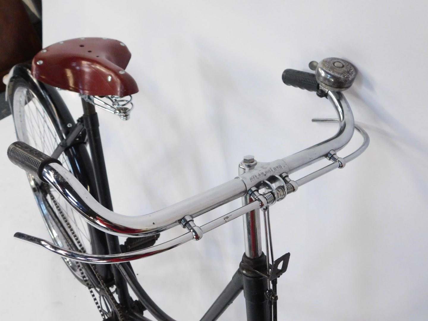 A vintage mid 20thC lady's bicycle, black with a brown leather suspension seat, handle bar stem - Image 3 of 6