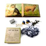 A Britains Home Farm Series Tree and gate set, No.7F, boxed, two J.Hill & Co lead ostrich figures,