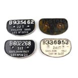 Four Shildon cast iron railway wagon plates, comprising B336953 24 1/2T Shildon 1962 Lot No 3437,