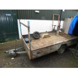 A car trailer, metal framed and wood panelled, with two additional wheels, 177cm W, 280cm L.