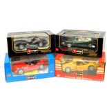 Four Burago die cast motor cars, scale 1:18, comprising Mercedes Benz 300SL (1954)., Jaguar E