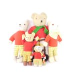 Rupert The Bear soft toys, together with plastic Rupert The Bear rubber figure. (5)
