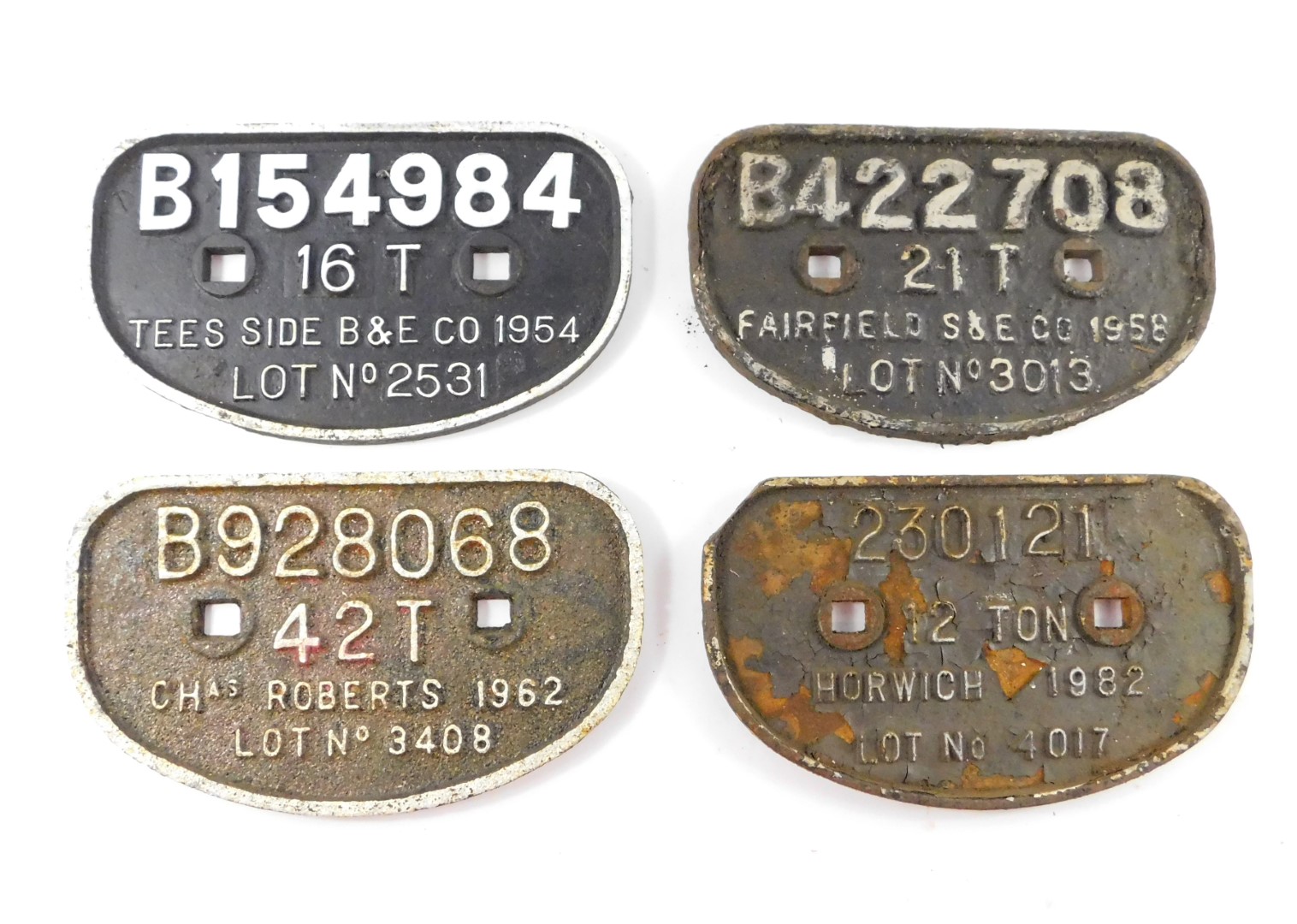 Four cast iron railway wagon plates, comprising B14984 16T Tees Side B & E Co. 1954 Lot No 2531.,