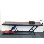 A K D Benches motorcycle scissor lift, with Viking 2 ton hydraulic jack attached, 82cm H, 217cm W.