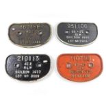 Four Shildon cast iron railway wagon plates, comprising 210113 41T GLW Shildon 1977 Lot No 3908,