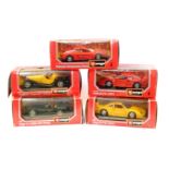 Five Burago die cast vehicles, 1:24 scale, comprising Bugatti Type '55' (1932)., two Ferrari F40 (