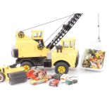 A Tonka die cast excavator truck, Tonka Road Roller, Classic Farm and Zoo Animals, play worn die