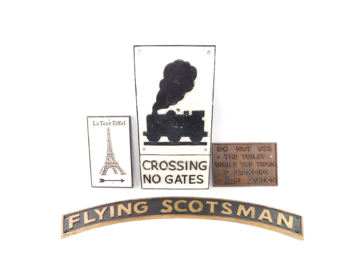 Three reproduction cast iron railway way signs, comprising Flying Scotsman., Crossing No Gates., and