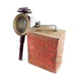 A Raydeyot maroon painted carriage lamp, converted to electricity, together with a shell oil can. (