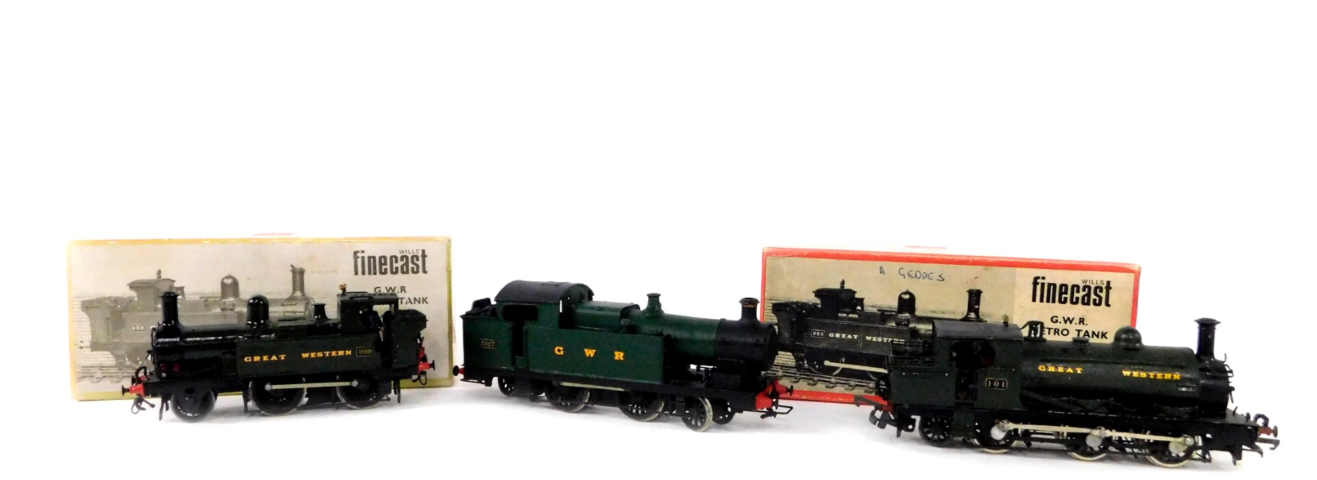 Three kit built OO gauge locomotives, Great Western green livery, comprising Rhymney Railway tank