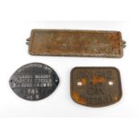 Three cast metal railway signs, comprising 081642 BR internal wagon plate, Gross Weight Not To