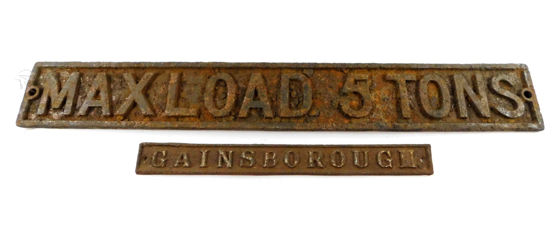 A cast iron max load 5 tons sign, 11.5cm H, 84cm W., together with a cast iron Gainsborough sign,