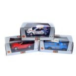 Three BB Burago Collection die cast cars, 1:24 scale, comprising Ford Focus WRC., Land Rover