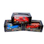 Three Burago die cast cars, scale 1:18, comprising Ferrari F40 (1987)., Lamborgini Countach (1988).,