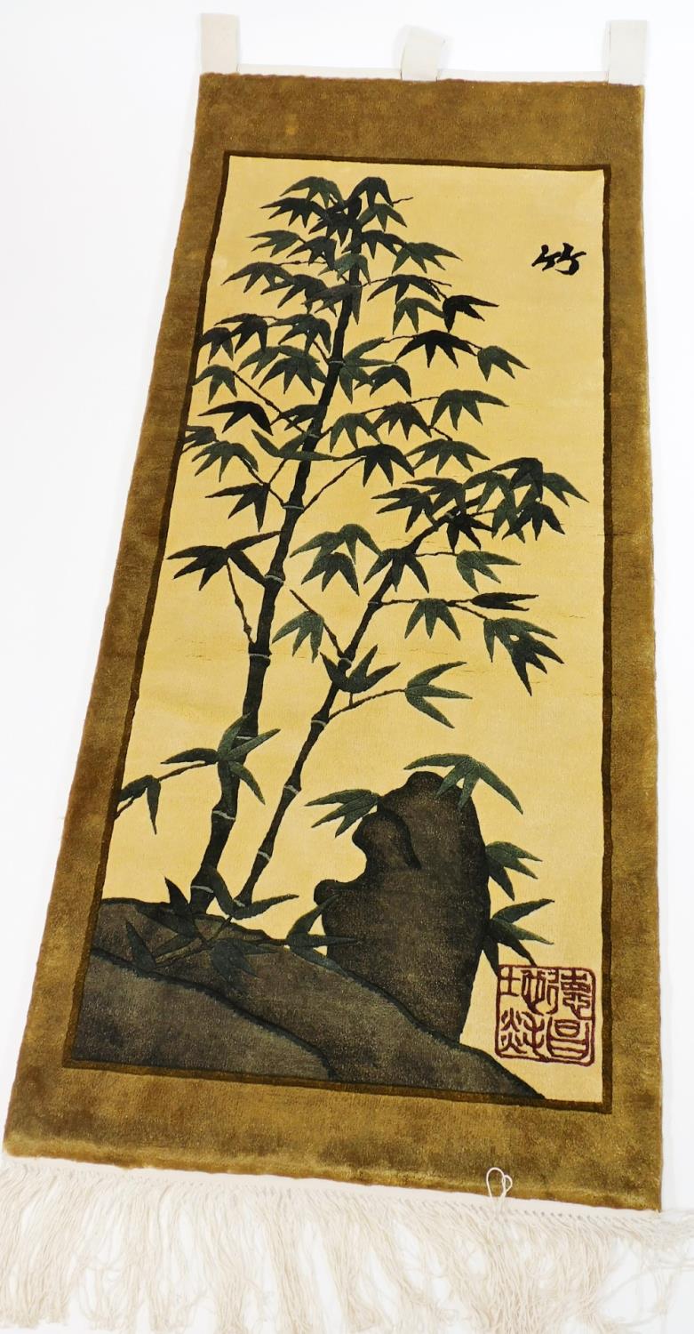 Two 20thC oriental material wall hangings, decorated with flowers, scenes and bamboo, signed with - Image 2 of 8