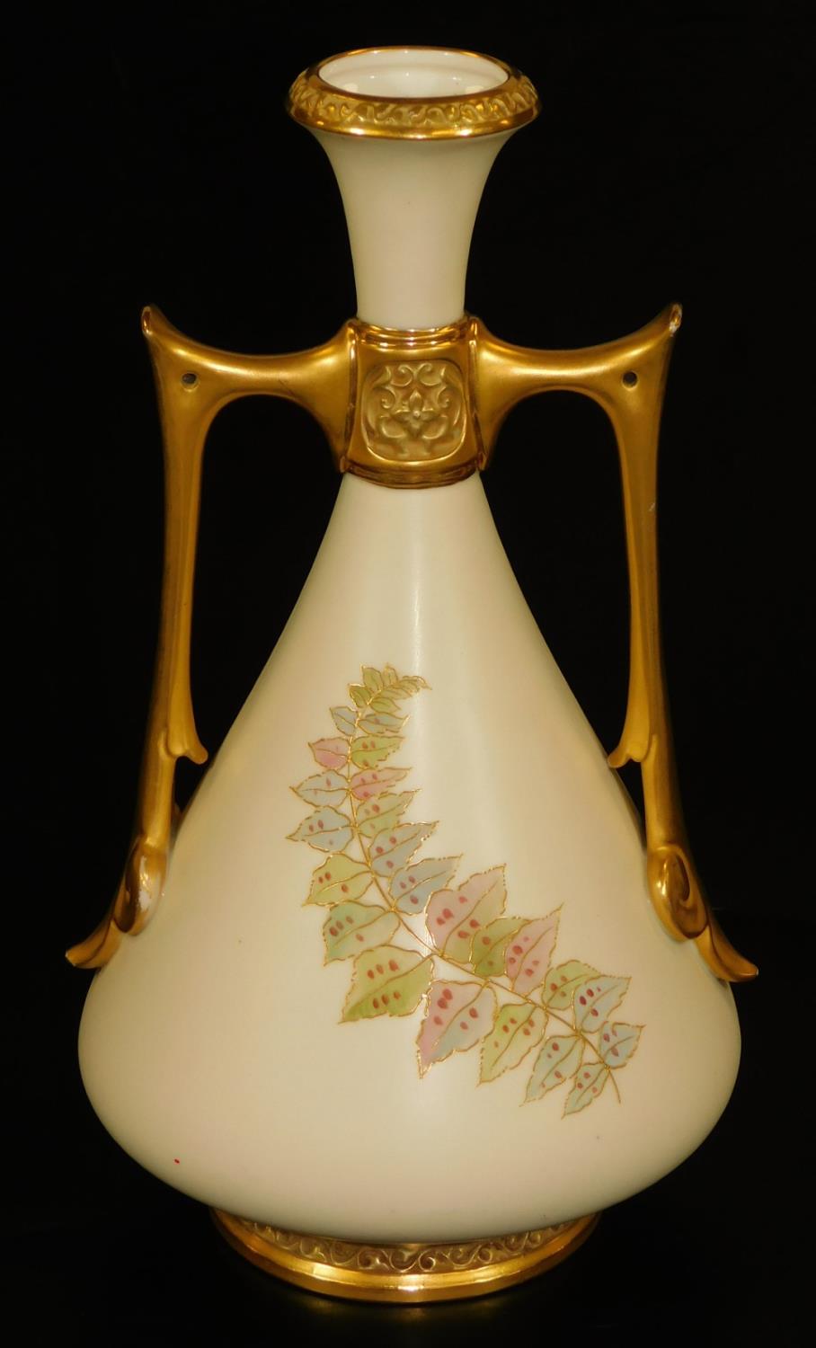 A Royal Worcester blush ivory two handled vase, decorated with tooled ferns, shape code 1021, puce - Image 3 of 6