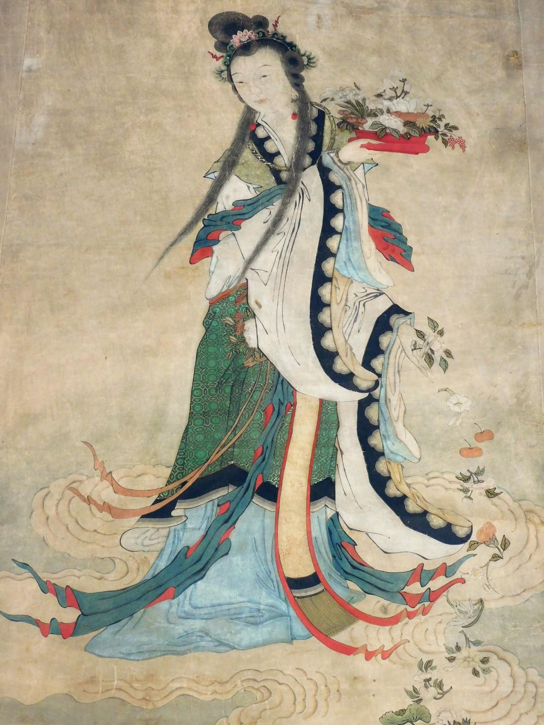 A Chinese scroll, painted with the figure of the goddess of compassion Guan Yin standing on a - Image 2 of 7