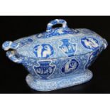A good blue and white pottery tureen, cover and ladle, decorated with classical figures on a