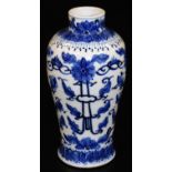 A 19thC Chinese blue and white porcelain baluster vase, decorated with tassels and leaves between