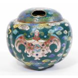 A Japanese green ground cloisonne tripod koro and pierced cover, decorated with stylized bats on a