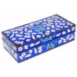 A Chinese 19thC enamel two compartment pen box and cover, decorated with prunus and bamboo on a